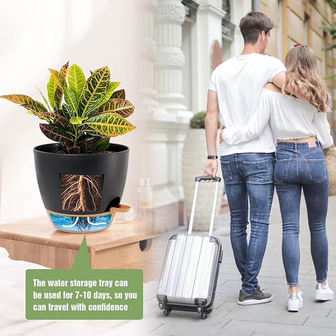 10/9/8 inch Self Watering Pots, Set of 3 Plastic Planters with Mesh Drainage Holes and Deep Reservoir for Indoor Outdoor Garden Plants and Flowers, Black with Brown