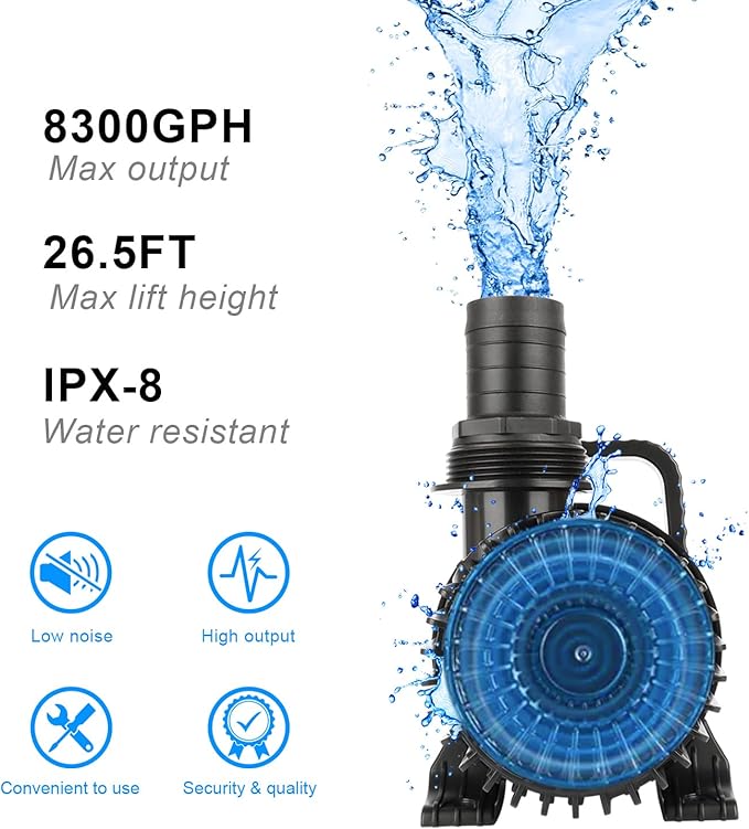 Outdoor Large 8300gph-520W 32.8FT Pond Water-fall & Kio Fish Fountain-s &Garden Pump Submersible IPX8: Long 32.8FT Cord Smart-er & Quieter Duck & Yard &Patio Ponds Pumps, 1 Barrier Pump Bag