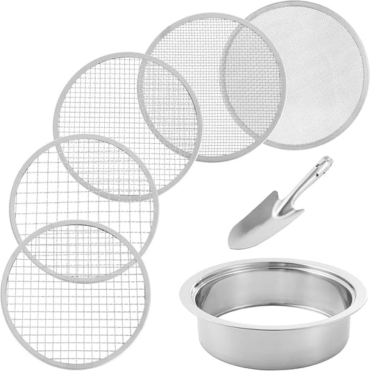 Soil Sifter Stainless Steel Riddle Sieve Set for Gardening with 5 Sizes 8" Diameter 1/3/6/9/12mm Interchangeable Meshes - Garden Potting Sieves with Shovel - Planting Soil Sifters Strains