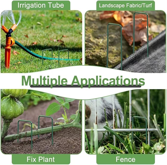 FOTMISHU Landscape Staples 5.7Inch 200Pcs Garden Stakes with 200pcs Gasket, Lawn Pins with Spray Coating Craft,11Gauge Anti-Rust Ground Yard Spikes Anchoring for Outdoor Tents Irrigation Hoses (Green)