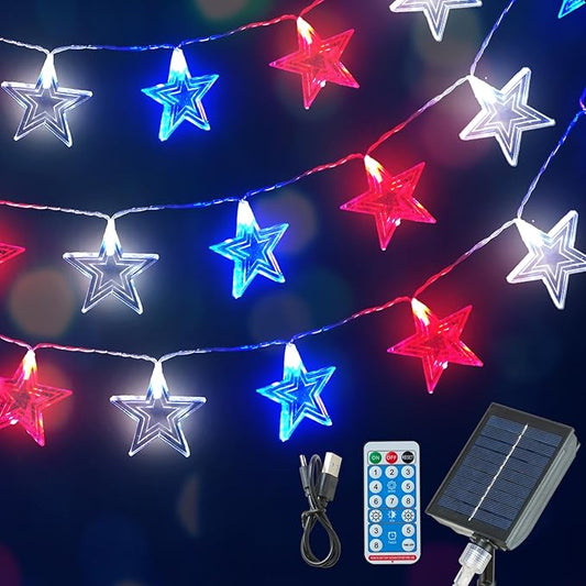 4th of July Decorations Red White Blue Lights with 60Led Big Stars, Solar Powered Rechargeable Independence Day Lights for Indoor Outdoor Home Garden Golf Cart Patriotic Theme Memorial Day Decorations