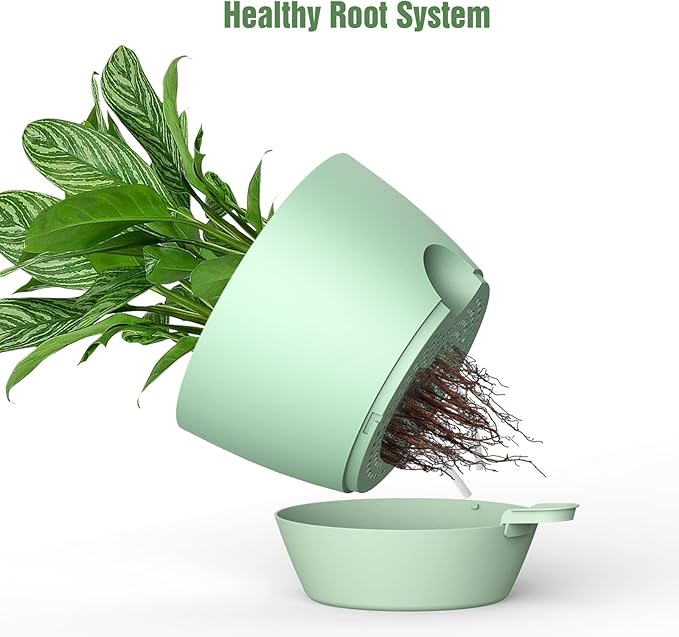 WOUSIWER 10 inch Self Watering Planters, 2 Pack Large Plastic Plant Pots with Deep Reservior and High Drainage Holes for Indoor Outdoor Plants and Flowers, Green