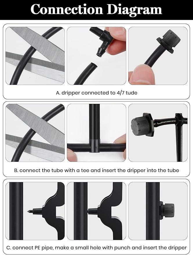 Kalolary 200Pcs Adjustable Irrigation Drippers, 1/4 Inch Barbed Drip Emitter 360 Degree Watering Sprinklers Anti-Clogging Drippers for 4mm/7mm Garden Watering System