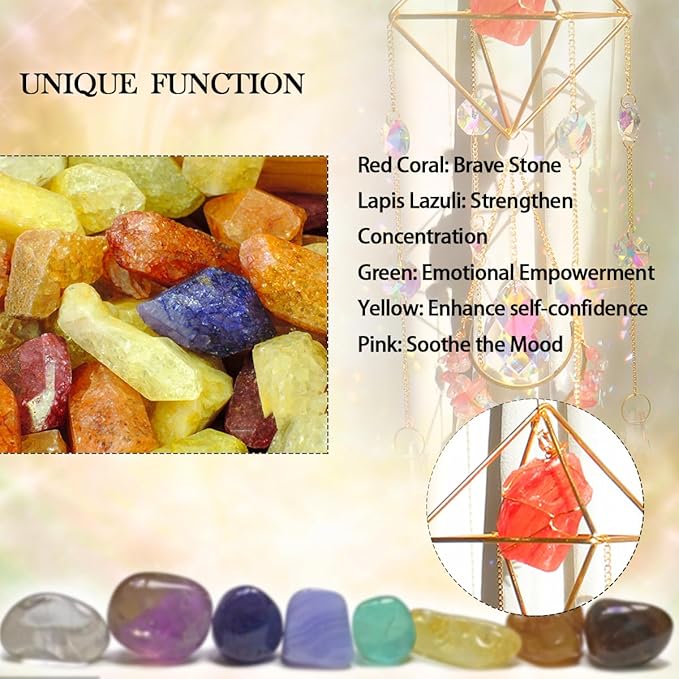 Healing Crystal Suncatchers Hanging Wind Chime Style Garden Suncatcher Rainbow Maker Gold Plated Sun Catcher Decor for Home Indoor Outdoor Gift (RED)