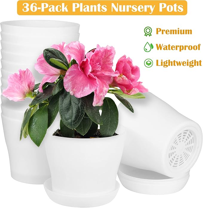 36 Pack Plants Nursery Pots 4 Inches Plastic Flower Plant Pots Thickened Seedlings Nursery Pots with Tray White Flower Pots Gardening Plant Containers for Outdoor Indoor