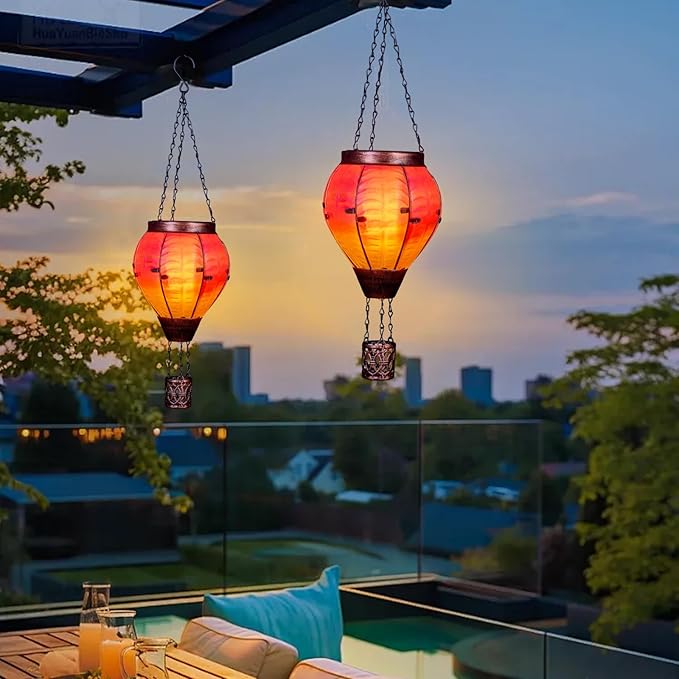Hot Air Balloon Solar Lantern with Flickering Flame Light Outdoor Solar Hanging Lights Waterproof for Garden Yard Farmhouse Patio Pathway Outside Decoration, Pink&Orange