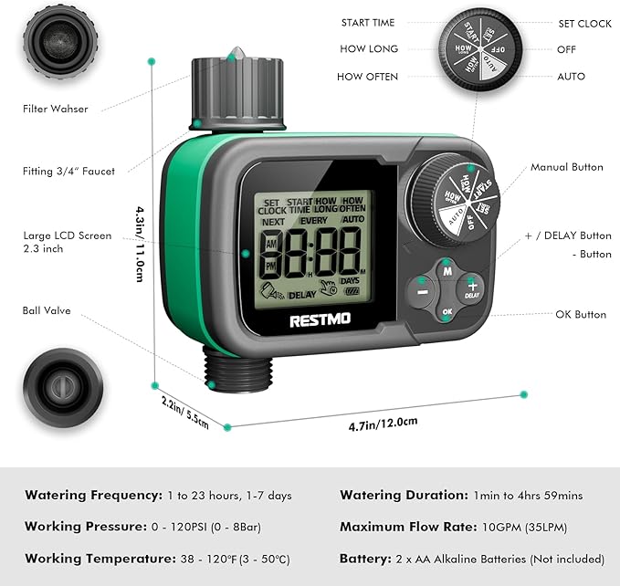 RESTMO Sprinkler Timer, Water Timer for Garden Hose, Outdoor Faucet, Lawn Watering, Automatic Control, Manual Watering, Ball Valve System Compatible with Rain Barrel, Zero/Low Water Pressure Watering