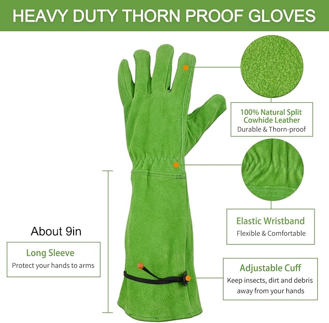 Gardening Gloves for Women, Garden Gloves for Thorn Proof, Professional Rose Pruning Gloves, Long Leather Garden Gloves (Large, Forest Green)