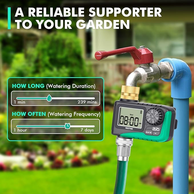 RESTMO Sprinkler Timer with Brass Inlet, Programmable Water Timer for Garden Hose, Automatic Digital Control | Manual ON/Off | Rain Delay, for Outdoor Faucet, Drip Irrigation and Lawn Watering System
