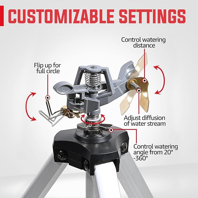 YAMATIC Impact Sprinkler on Tripod Base, 360 Degree Large Area, Heavy Duty Adjustable Pulsator Sprinkler for Lawn Yard and Grass, Spray up to 20-90ft (36inch) Zinc Head, 2Pcs