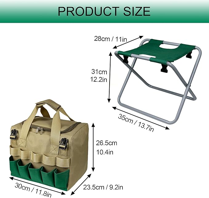 Folding Gardening Stool with Detachable Storage Tote Bag, Multifunctional Gardening Tools Set Organizer for Fishing and Camping,Portable Garden Chair Seat for Adults (Green+Khaki)