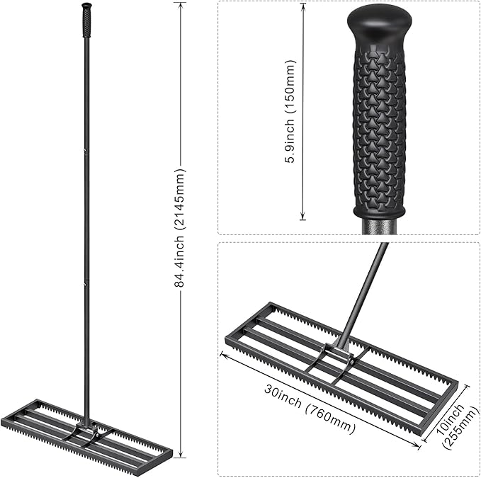 Lawn Leveling Rake with Rounded Edges, 30 x 10'' Leveling Rake with Tines for Soil, Heavy Duty Lawn Leveling Tool with 7FT Handle, Yard Leveling Rake for Farm, Garden, Backyard