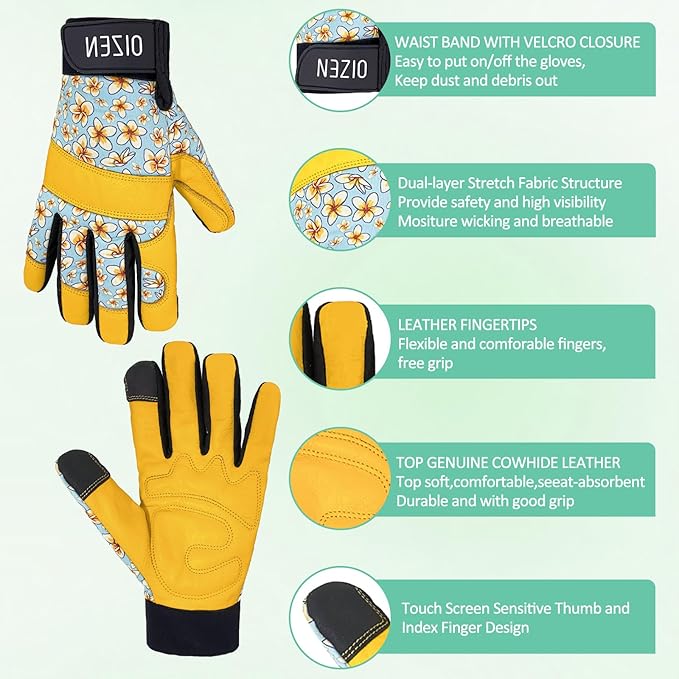 Cowhide Leather Thorn Proof & Puncture Resistant Gardening Gloves for Women and Men, Touchscreen Compatible Working Gloves for Weeding, Digging, Planting, Gardening Gifts for Women (Size Medium)