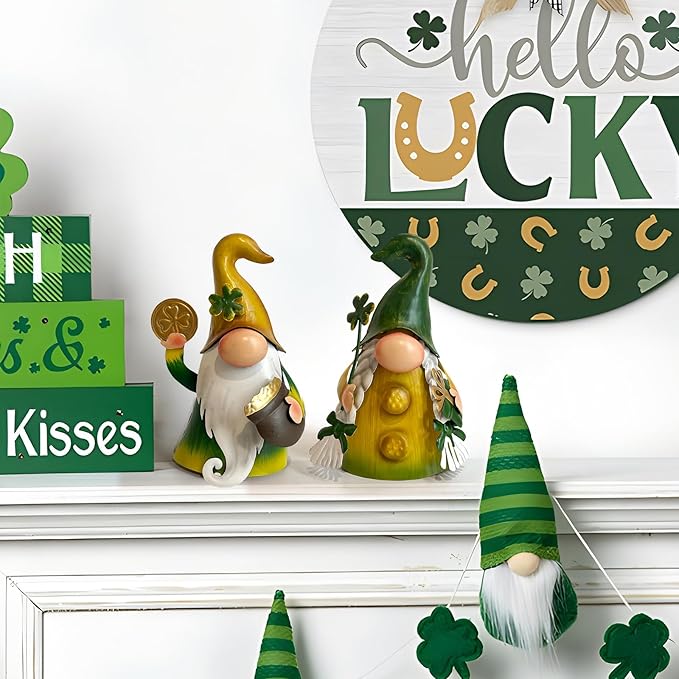 HONGLAND St.Patricks Day Decorations Outdoor Green Gnomes, Metal Gnomes Figurine Irish Leprechaun St Patricks Day Decor, Luck Shamrock Gnome for Home Outside Garden Lawn Party Yard Patio (18 INCH)