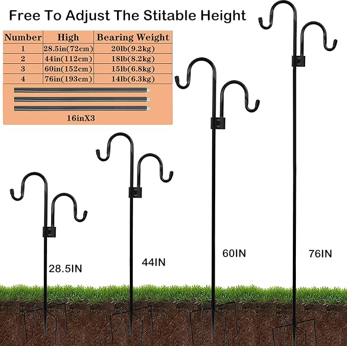 Double Shepherds Hooks For Outdoor 108 Inch, Heavy Duty Metal Bird Feeder Pole Stand With 5 Base Prongs, 28.5 To 108 Inch Adjustable Garden Holder For Hanging Plant, Wind Chimes, Wedding Garden Etc