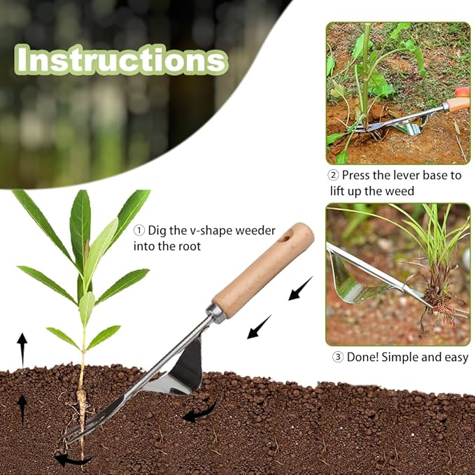 2 Pcs Stainless Steel Manual Weeder Tool Set - V-Shaped Fork & Crack Weeder for Deep Root Digging, Crevice Weeding Tool, Wood Handle Gardening Tool