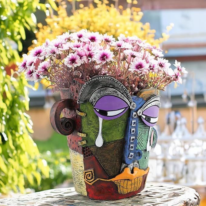 Picasso Brutalist Abstract Beauty Face Flower Pot Ornaments Abstract Face Flower Pots Abstract Head Planter Pots Container Colorful Face Art Abstract Resin Flower Pot (Picasso's tearful flowerpot)