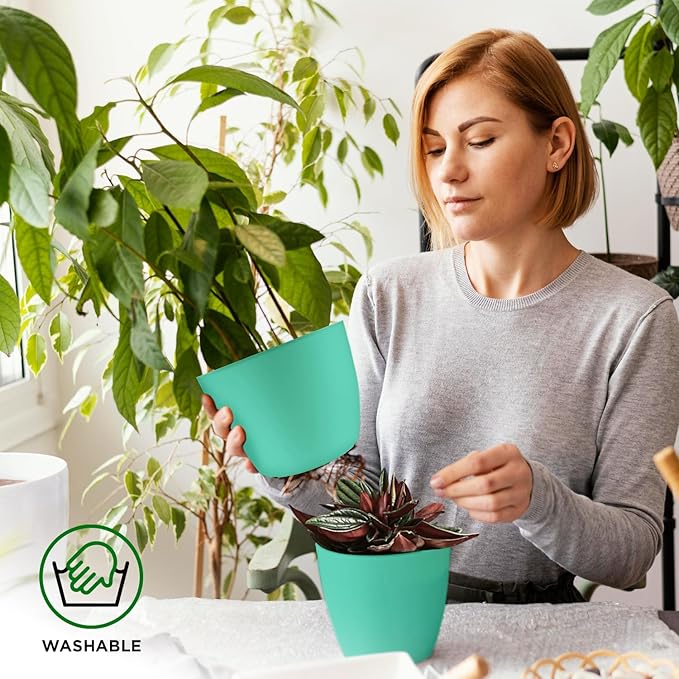 Planter Pots with Drainage Holes - Lightweight, Durable, and Space-Saving Pots for Indoor and Outdoor - Versatile Functionality, Simple Modern Design, Set of 5 Plastic Planter Pots - Aqua