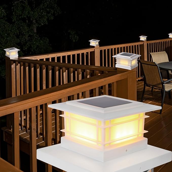 Dynaming 6 Pack Solar Post Lights Outdoor, Solar Powered White Shell Fence Post Cap Lights, High Brightness Warm White LED Lighting for Garden Deck Patio, Fit 4x4, 5x5 or 6x6 Vinyl/Wooden Posts