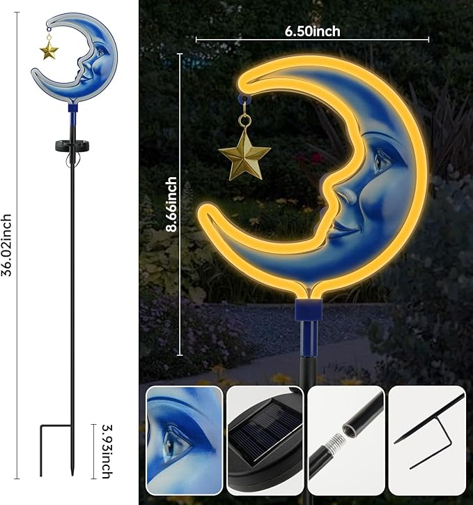 Solar Outdoor Garden Lights - Outdoor Decor Moon Neon Lantern for Patio,Solar Powered Pathway Lights Outdoor Decorative Lights Waterproof Led Landscape Lighting for Pathway,Yard,Lawn(2 Pack)