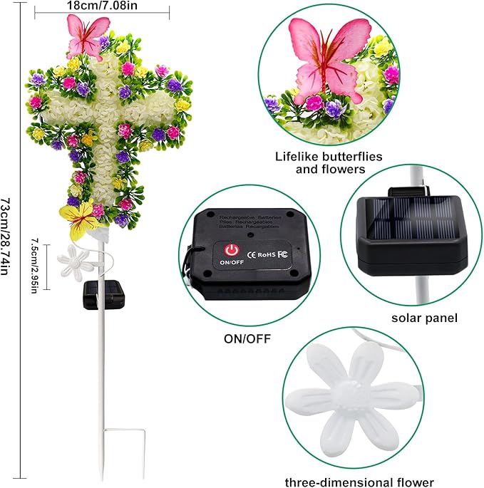 TEDOF Solar Garden Lights Outdoor Solar Flowers Cross Stake Lights Waterproof,Memorial Gifts for Mom,Cemetery Decorations for Grave,Garden,Path,Backyard