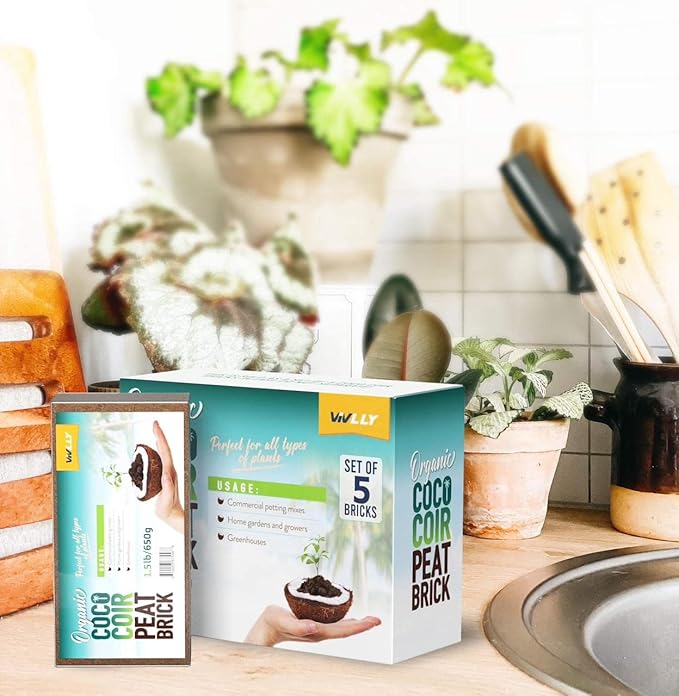 Compressed Coco Coir, 5 Pack Organic Coconut Coir, 1.4 Lbs Coco Brick, Coconut Soil with Low EC & pH Balance, Fiber for Herbs & Flowers, High Expansion, Renewable Soil for Planting