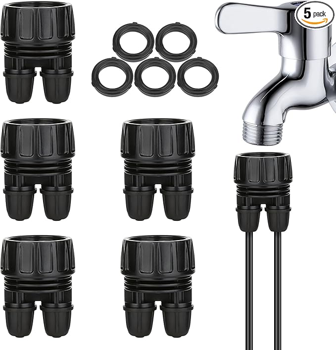 Drip Irrigation Hose Connectors,1/4 Inch Drip Irrigation Tubing x 3/4 FHT Swivel Lock Barbed Dual Hose Adapter, Convert 3/4" Garden Hose to 1/4" Drip Irrigation Parts-5 Pack