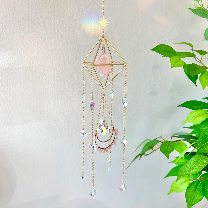 Crystal Suncatcher Rose Quartz, Spiritual, Sun Catcher Hanging for Windows, Rainbow Maker, Crystal Indoor Garden Home Decor, Natural Gemstone Boho Decor (Rose Quartz)