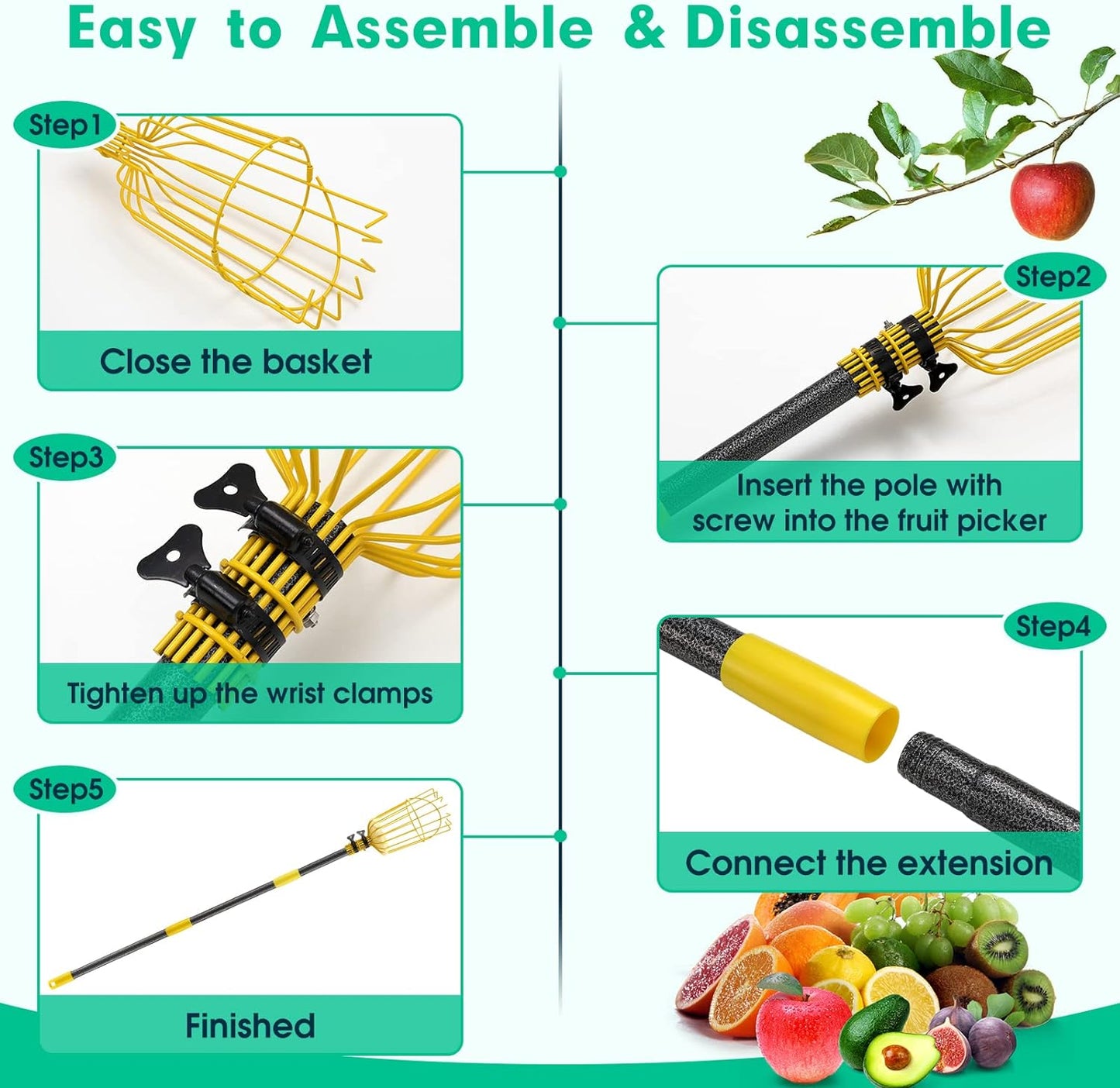 Fruit Picker Pole with Basket,8FT Long Heavy Duty Mango Picker Tool with Adjustable Fruits Picking Pole, Fruits Picking Grabber for Lemon,Apple,Almonds,Avocados