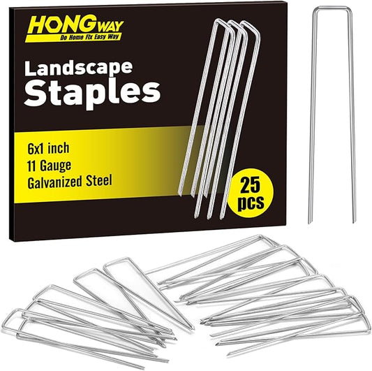 HongWay 6 Inch 25pcs Landscape Staples, 11 Gauge Galvanized Garden Stakes and U-Shaped Pins for Landscaping Fabric Weed Barrier Irrigation Tubing