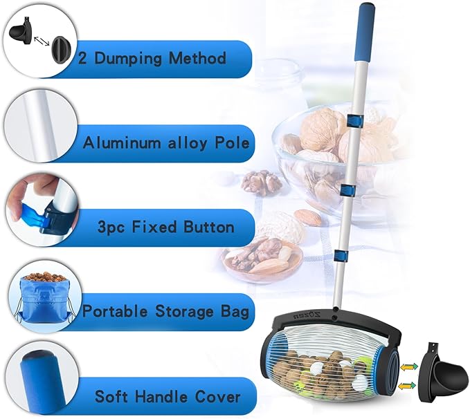 Zozen Nut Gatherer, 2 Dumping Method | Walnut Picker Upper Roller, Pine Cone Picker Upper - Apply to Pinecone, Hickory, Chestnuts, Buckeyes, Golf, Crab Apple Objects Size 1'' to 2.5''; 1.5 Gallon