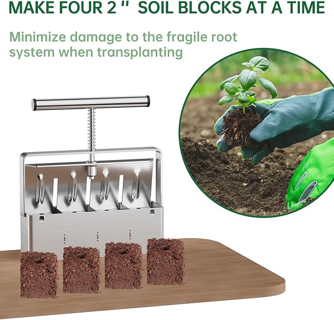 Soil Blocker, 2 Inch Soil Block Maker with 3 Sizes Seed Pins & Comfortable Handle 4 Cell Handlheld Soil Blocking Tool for Seed Starting, Grow Seedling, Outdoor Plants, Greenhouses, Garden