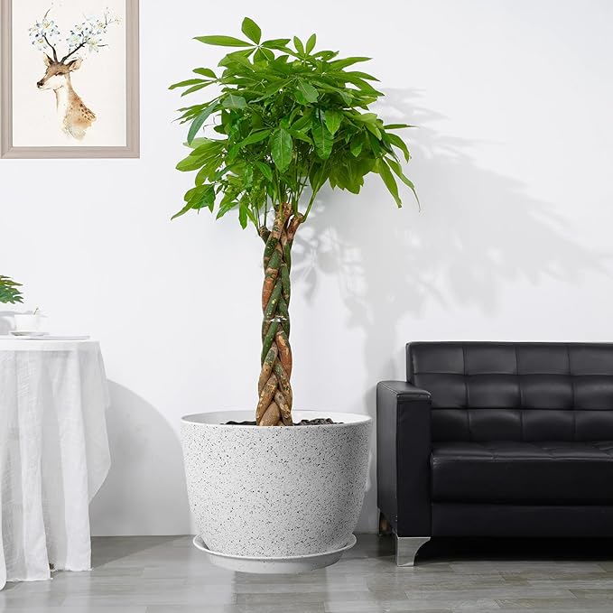 12inch Large Plant Pot, Modern Plastic Planter with High Driange Holes and Saucer for Indoor Outdoor Garden Plants and Flowers, White Speckles