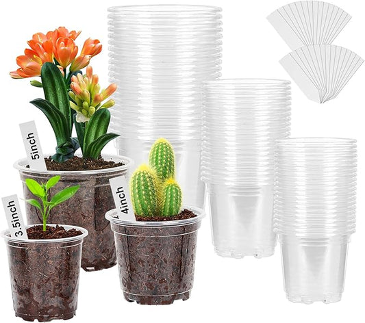 60 Pack 3.5/4/5 Inch Clear Nursery Pots with Drainage Holes, Transparent Plastic Pots for Plants, Reinforced Seed Starter Pots Garden Pots Flower Pots Come with 50pcs Plant Labels