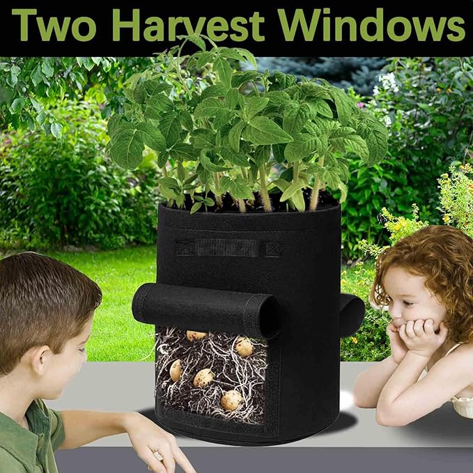 TCBWFY 4 Pack Potato Grow Bags with 2 Flaps 15 Gallon,Heavy Duty 14oz/yd² Planter Pot with Sturdy Handles and 2 Harvest Windows for Potato Tomato and Vegetables