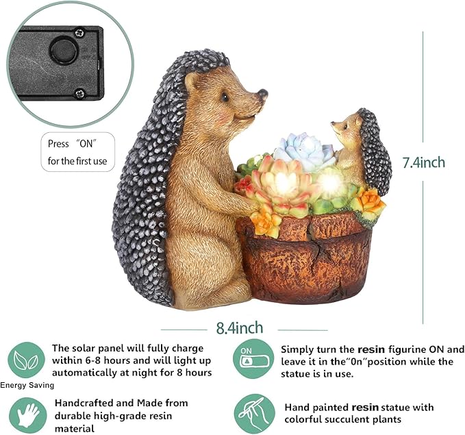 Succulent Hedgehog Garden Statues with Solar Outdoor Lights for Garden Decor, Animal Figurines Resin Outdoor Statues, Garden Gifts for Women Mom Lawn Ornaments for Patio Yard Decor