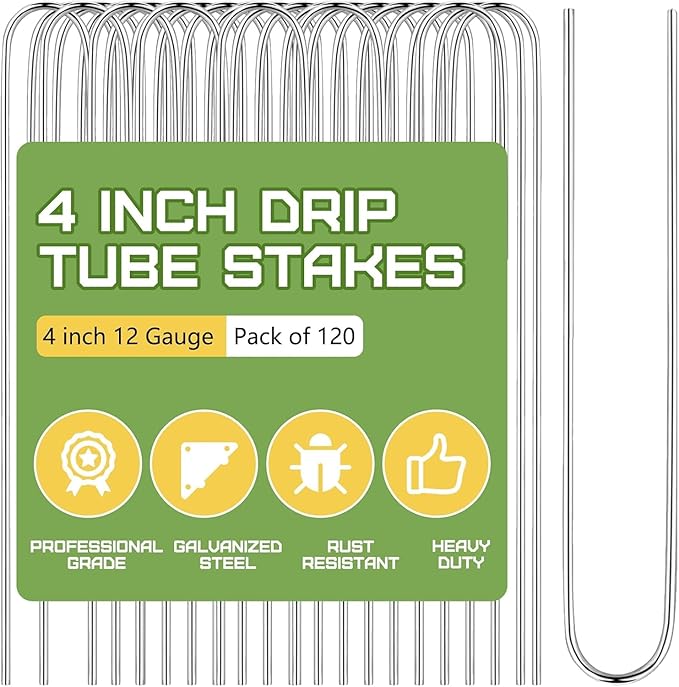 120 PCS Irrigation Drip Tubing Landscape Staples 5 Inch U Shape Garden Stakes Galvanized Landscape Pins for 1/4 Inch Irrigation Hose Lawn Nails 1/4 Inch to 1/2 Inch Loop Stake for Drip Tubing