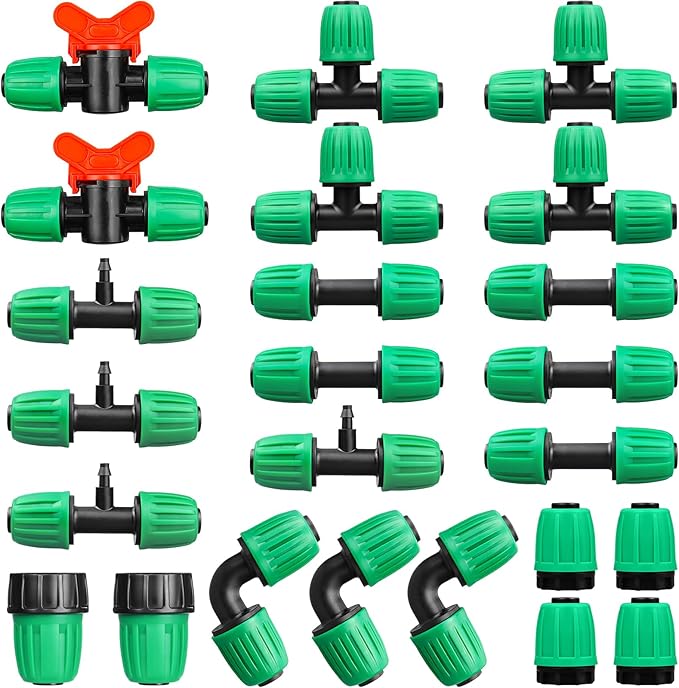 Drip Irrigation Fittings for 1/2 Inch Tubing, 24 Pcs Set 1/2" Drip Line Barbed Locked Nut Connectors - 5 Couplings, 4 Tees, 4 Reducing Tee, 4 End Cap, 3 Elbow, 2 Switch Valves, 2P 3/4" Faucet Adapters
