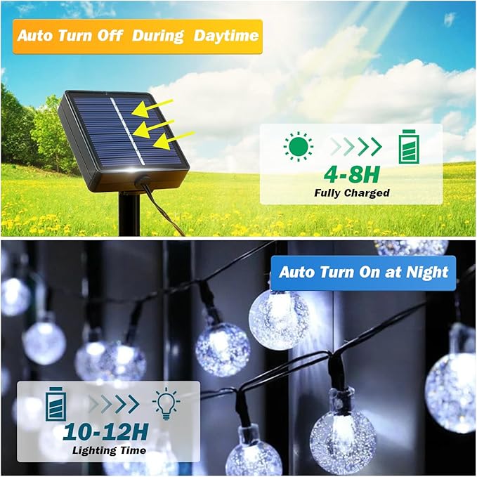 Solar Lights Outdoor Waterproof, 2 Pack Total 120LED 72FT Solar String Lights for Outside w/ 8 Modes, Outdoor String Lights Crystal Globe Patio Lights for Garden Yard Party Decor (Cool White)
