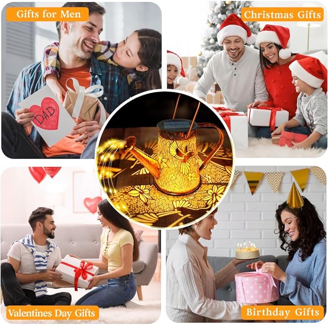 Solar Watering Can Lights, Hummingbird Gifts for Women Mom Grandma Birthday, Waterproof Outdoor Garden Decor Large Hanging Solar Lanterns Garden Lights for Patio Porch Yard Flowerbed Pathway