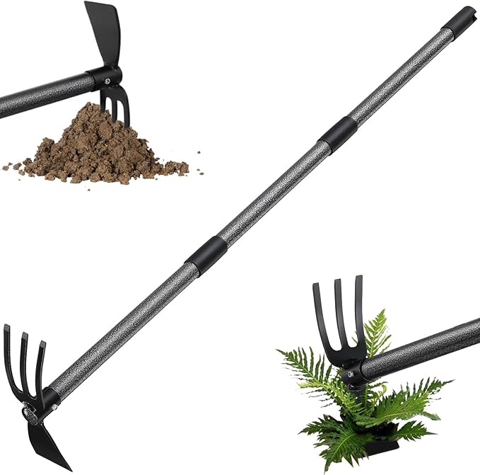 Hoe Garden Tool, Hoe Cultivator 2 in 1 Weeding Tools - 45" Long Handle Stand Up Weeder Hand Tiller, Heavy Duty Weeding Rake for Flower Beds Yard Lawn Gardening Digging Planting