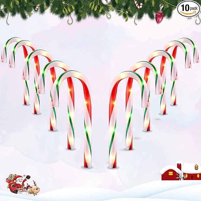 VCOKEN 10'' Christmas Candy Cane Lights Outdoor Pathway, Set of 10 Christmas Candy Cane Markers Waterproof, Light Up Xmas Candy Cane Decoration with Stakes for Holiday Party Yard Art Indoor Outdoor