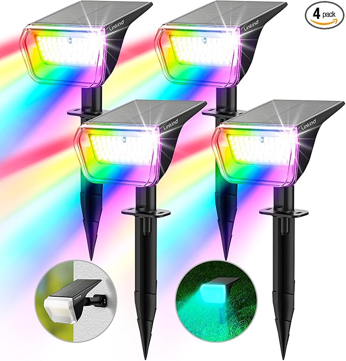 Linkind Solar Spot Lights Outdoor, Color Changing Solar Lights with 10 Lighting Modes and Waterproof IP67, Ideal for Yard, Garden Decoration (4 Pack, Multicolor)