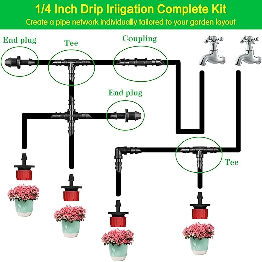 Gardrip 100 Feet 1/4 Inch Drip Irrigation Tubing Kit with 25 Pcs Drip Irrigation Parts: 100 FT Drip Line Distribution Hose with 10 Couplings 10 Tees 5 Plugs for Garden Irrigation Systems