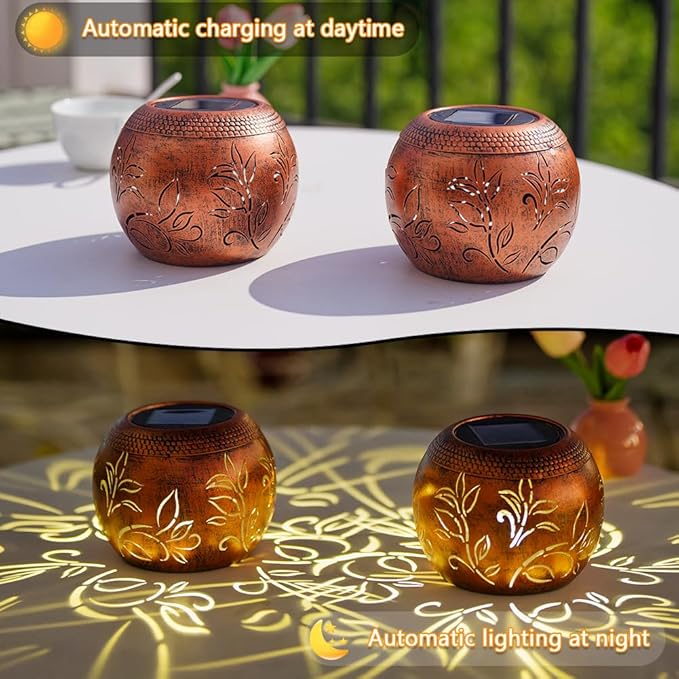 2 Pack Solar Lanterns Outdoor Waterproof, LED Hollow Out Flower Pattern Solar Lantern, Metal Decorative Solar Lanterns Outdoor for Desk Patio Garden Pathway Christmas Gifts