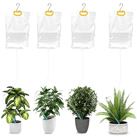 4Pcs Self Watering System for Plants while Away on Vacation, Plant IV Water Bag, Indoor Plant Watering System Device, 30 Days Automatic Plant Waterer Drip Irrigation Kit for Potted Plants