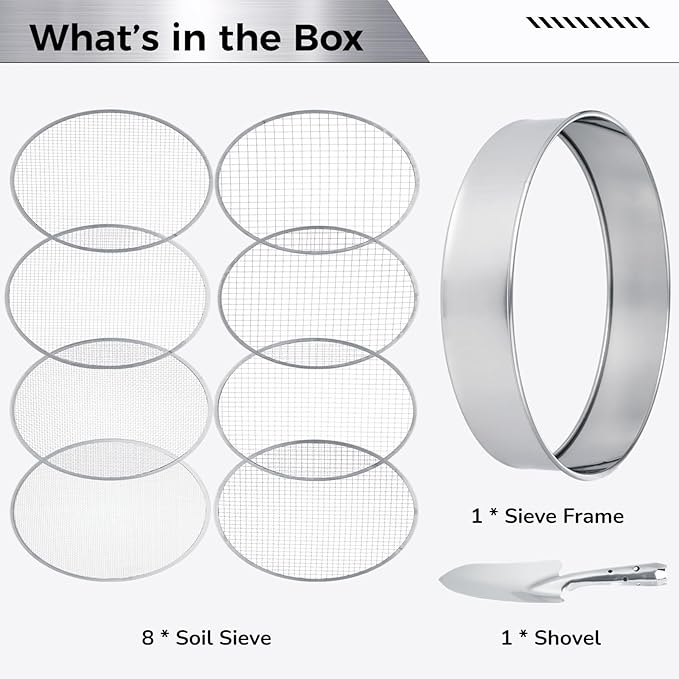 10 PCS Soil Sieve Set, Garden Potting Soil Sifter, 12 Inches Stainless Steel Riddle Sieve, Fine Mesh Soil Sieve, Soil Shovel and 8 Interchangeable Filter Mesh Sizes 2, 3, 5, 6, 7, 9, 10, 12mm