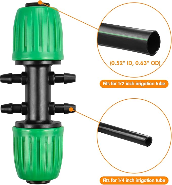 Drip Irrigation Fittings for 1/2" Tubing((0.60"-0.63" OD) to 1/4" Irrigation Tubing, 12 Pieces Barbed Tee Drip Fittings Twist Locked 6 Way Connectors for Drip Irrigation Hose (13mm ID / 4mm ID)