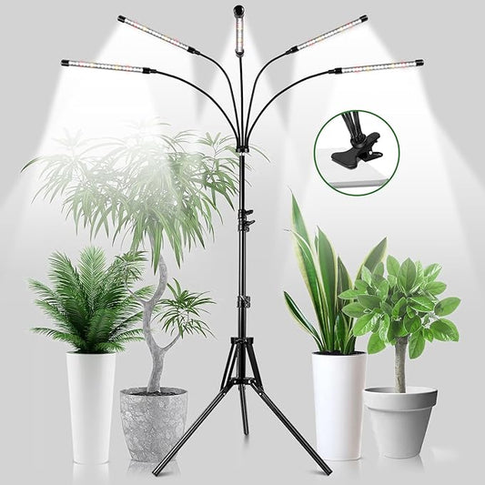 Garpsen Grow Lights for Indoor Plants, 5 Heads Full Spectrum Grow Light with Adjustable Tripod Stand & Sturdy Clip, 100PCS LEDs Plant Light for Indoor Plants with 6/12/16H Timer and 3 Light Modes
