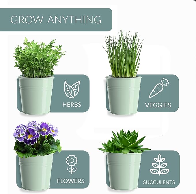 Barnyard Designs Indoor Herb Garden Planter Set with Tray, Metal Windowsill Plant Pots with Drainage for Outdoor or Indoor Plants, Set/3 (Soft Mint)